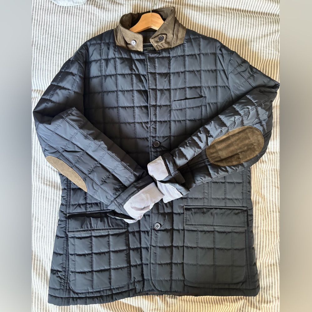 Men's Quilted Puffer Jacket with Suede Accents - Black